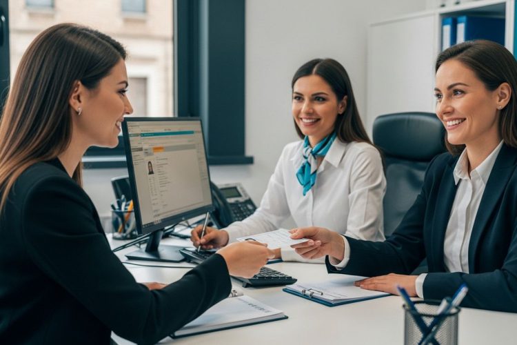 Tre colleghe in ufficio moderno: una porge un documento, le altre due sorridono e prendono appunti, in un contesto che richiama la verifica professionale dei clienti come offerta da startkyc.com.