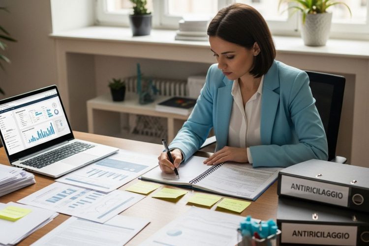 Professionista AML/KYC analizza report finanziari e grafici al computer con raccoglitori “Antiriciclaggio”, rappresentando i servizi di StartKYC per la compliance normativa.